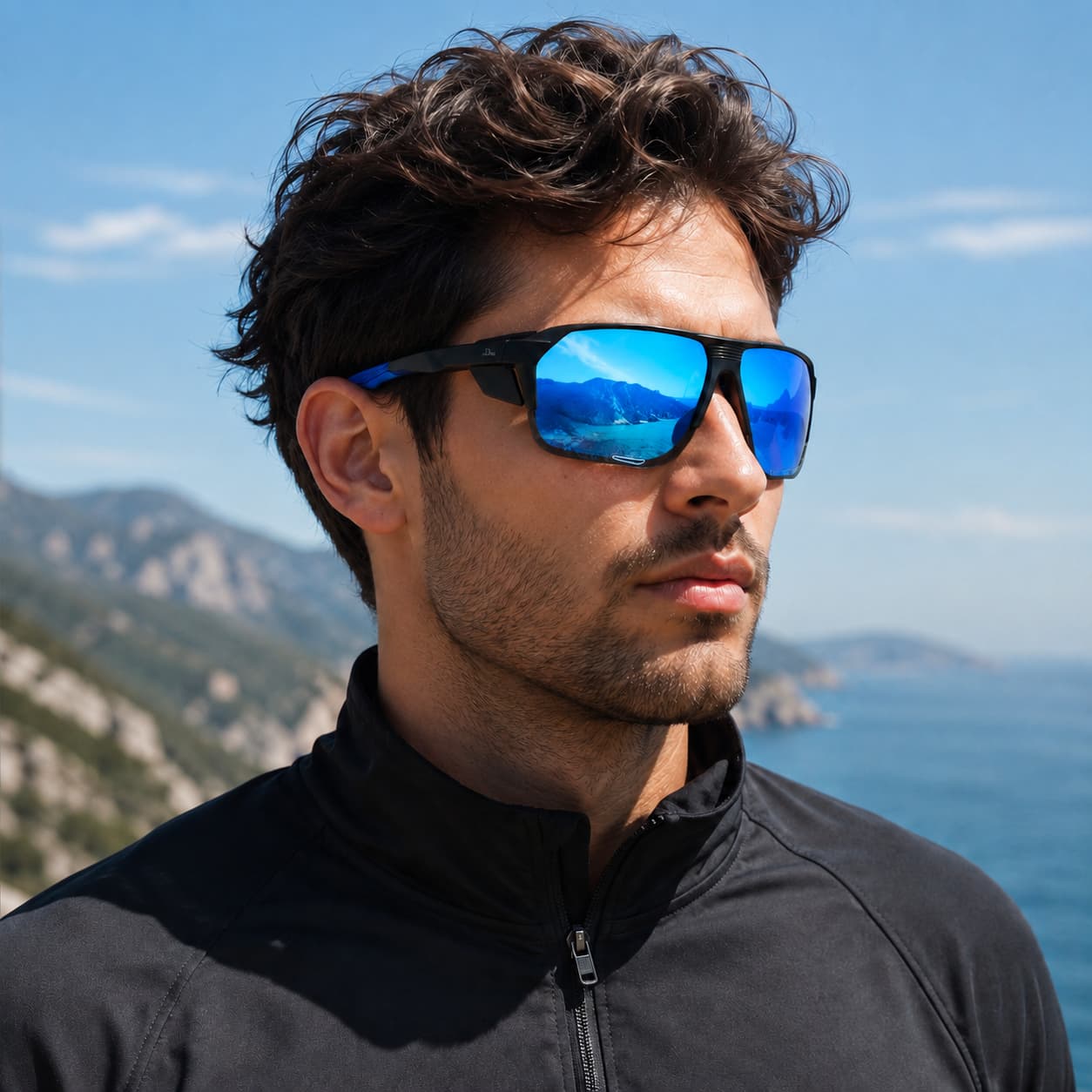 Óculos de Sol Esportivo Por Dios Modelo HP12454 - Preto - Azul Espelhado C5