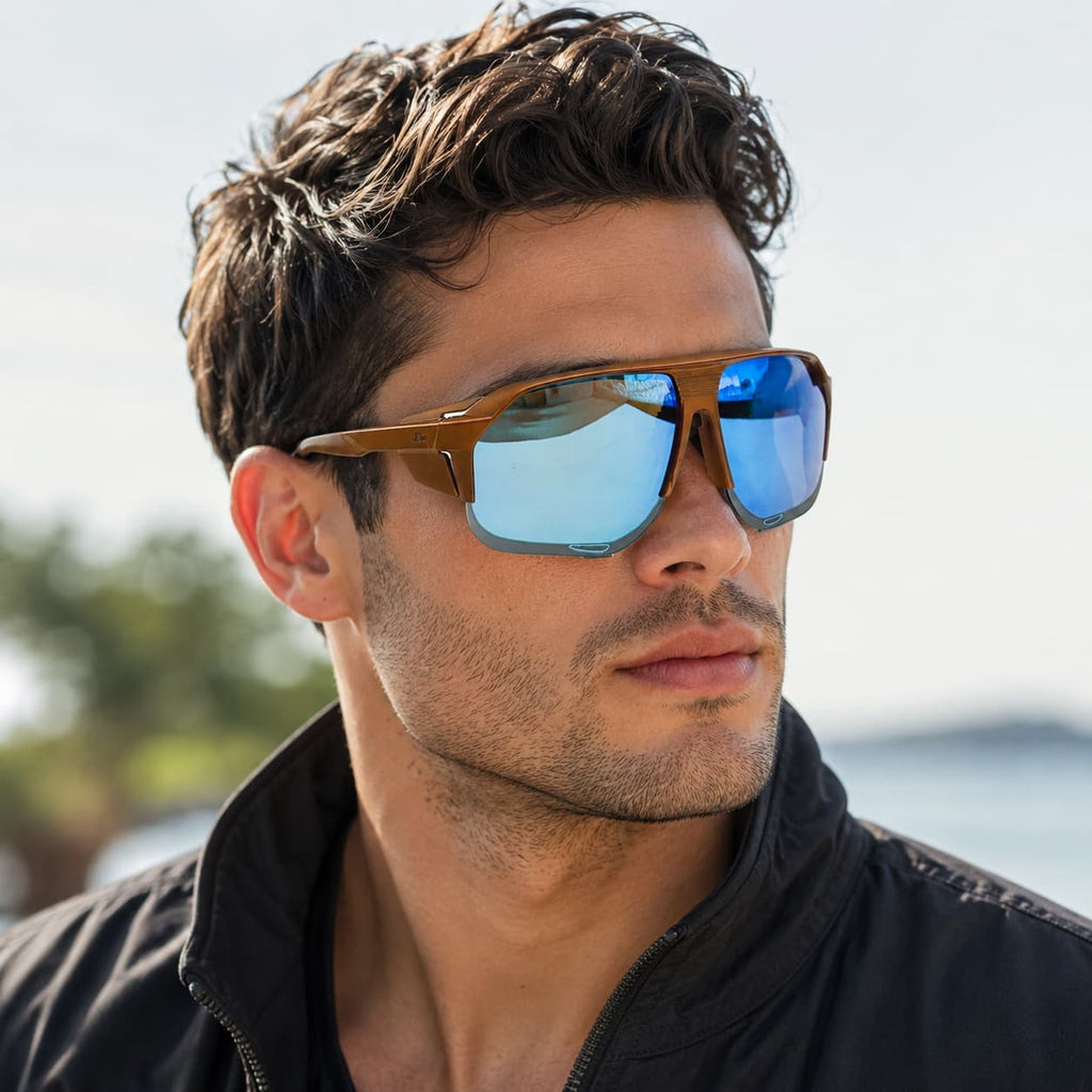 Óculos de Sol Esportivo Por Dios Modelo HP12454 - Marrom - Azul Espelhado C2